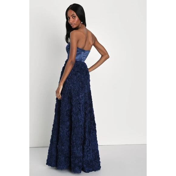 Lulus “Enchanting Event” Navy Blue Strapless 3D Appliqué Maxi Dress – Medium NWT - Picture 2 of 6